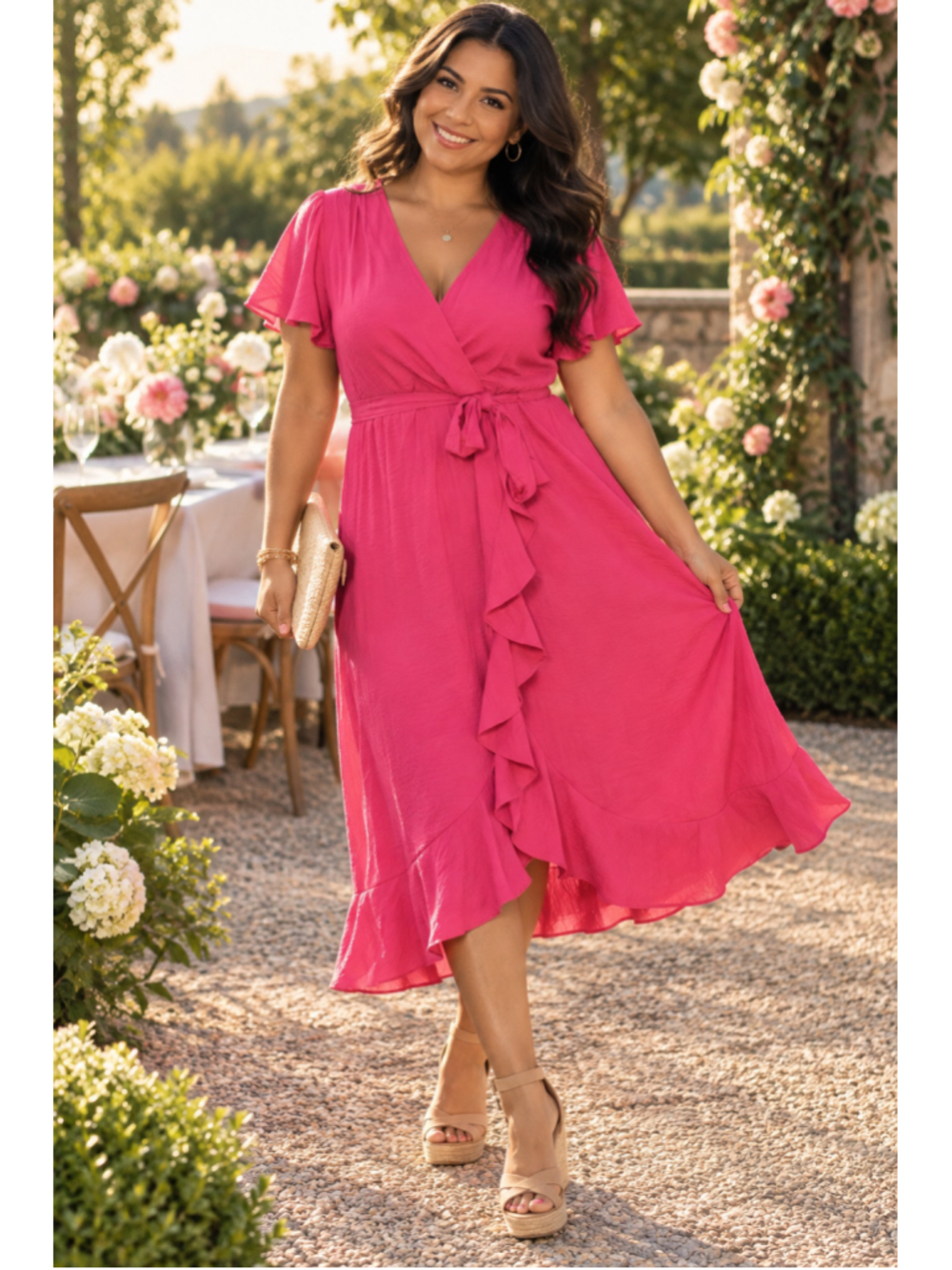 Fraiche by J Faux Wrap Ruffle Dress Womens Large Hot Pink NWT Button Closure